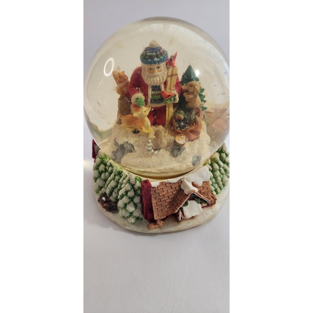 Vintage Woodland Santa Snow Globe – Santa with Forest Animals, Cabin & Trees...